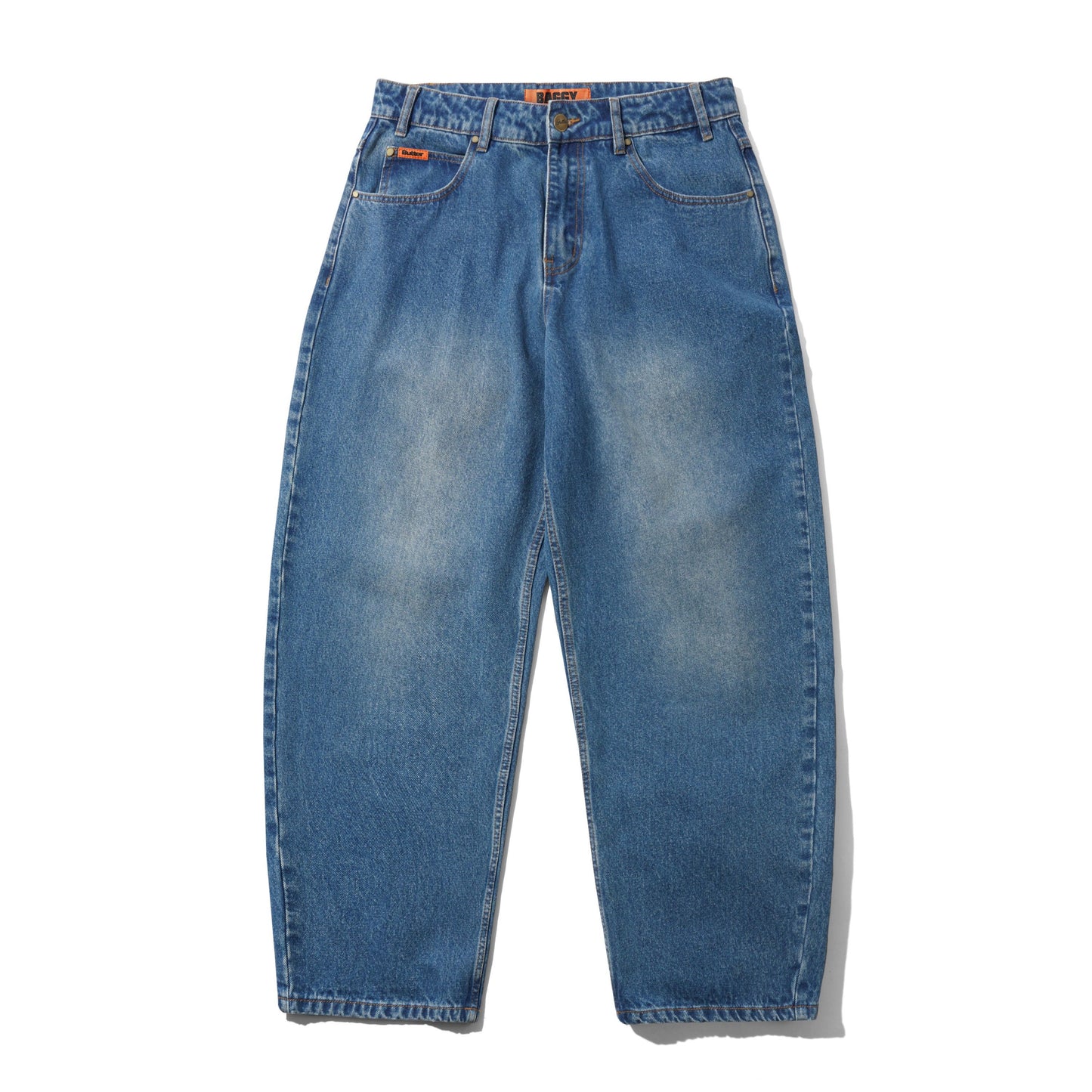 A pair of wide-leg blue denim jeans with a faded wash, laid flat on a white background.