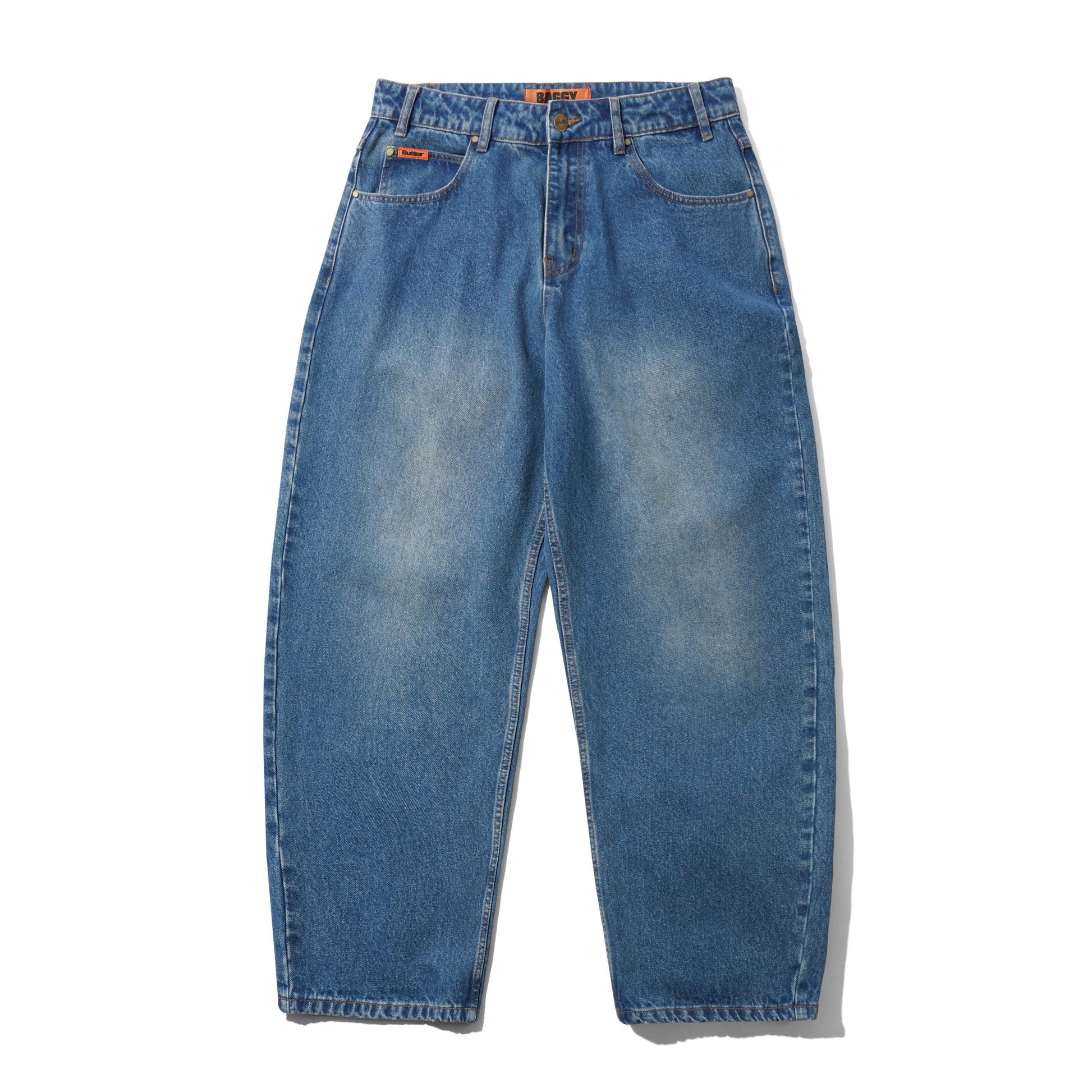A pair of wide-leg blue denim jeans with a faded wash, laid flat on a white background.