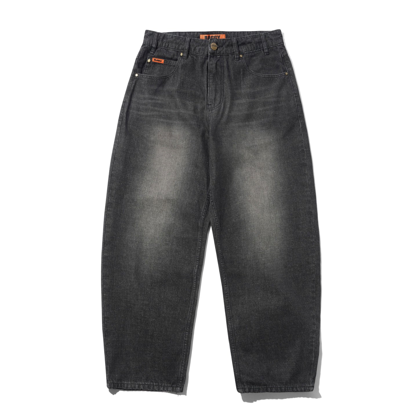 A pair of wide-leg, cropped dark gray washed denim jeans with orange brand labels on the waistband and pocket, displayed flat against a white background.