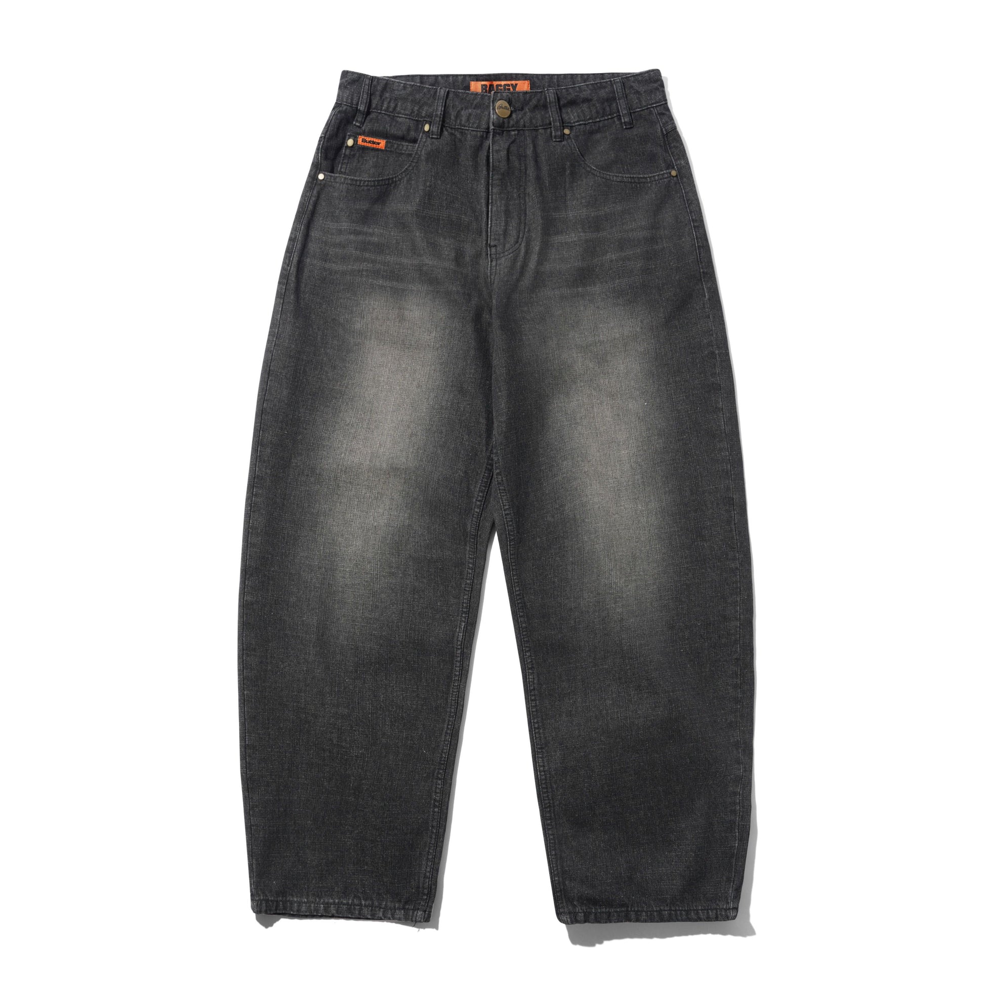 A pair of wide-leg, cropped dark gray washed denim jeans with orange brand labels on the waistband and pocket, displayed flat against a white background.
