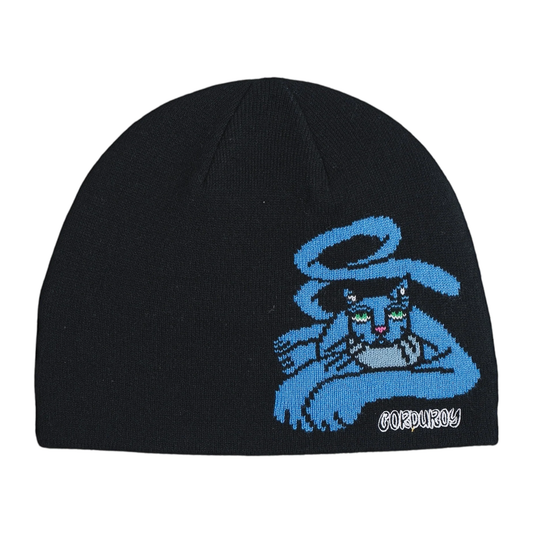 Corduroy Blue Cat Beanie - Black