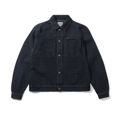 A black denim jacket with a subtle grid pattern, featuring a button-up front, a pointed collar, and two chest pockets, displayed flat against a white background.