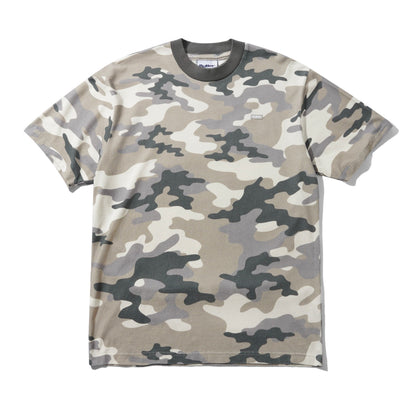 A short-sleeve crewneck t-shirt featuring a classic camouflage pattern in shades of beige, gray, and dark charcoal, laid flat against a white background.