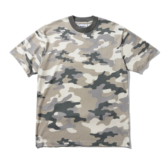 A short-sleeve crewneck t-shirt featuring a classic camouflage pattern in shades of beige, gray, and dark charcoal, laid flat against a white background.