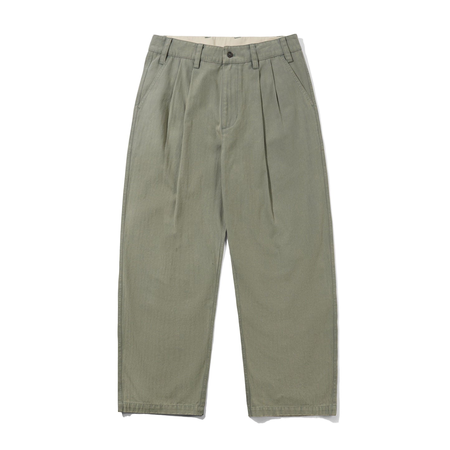 A pair of olive green pleated trousers laid flat against a white background.