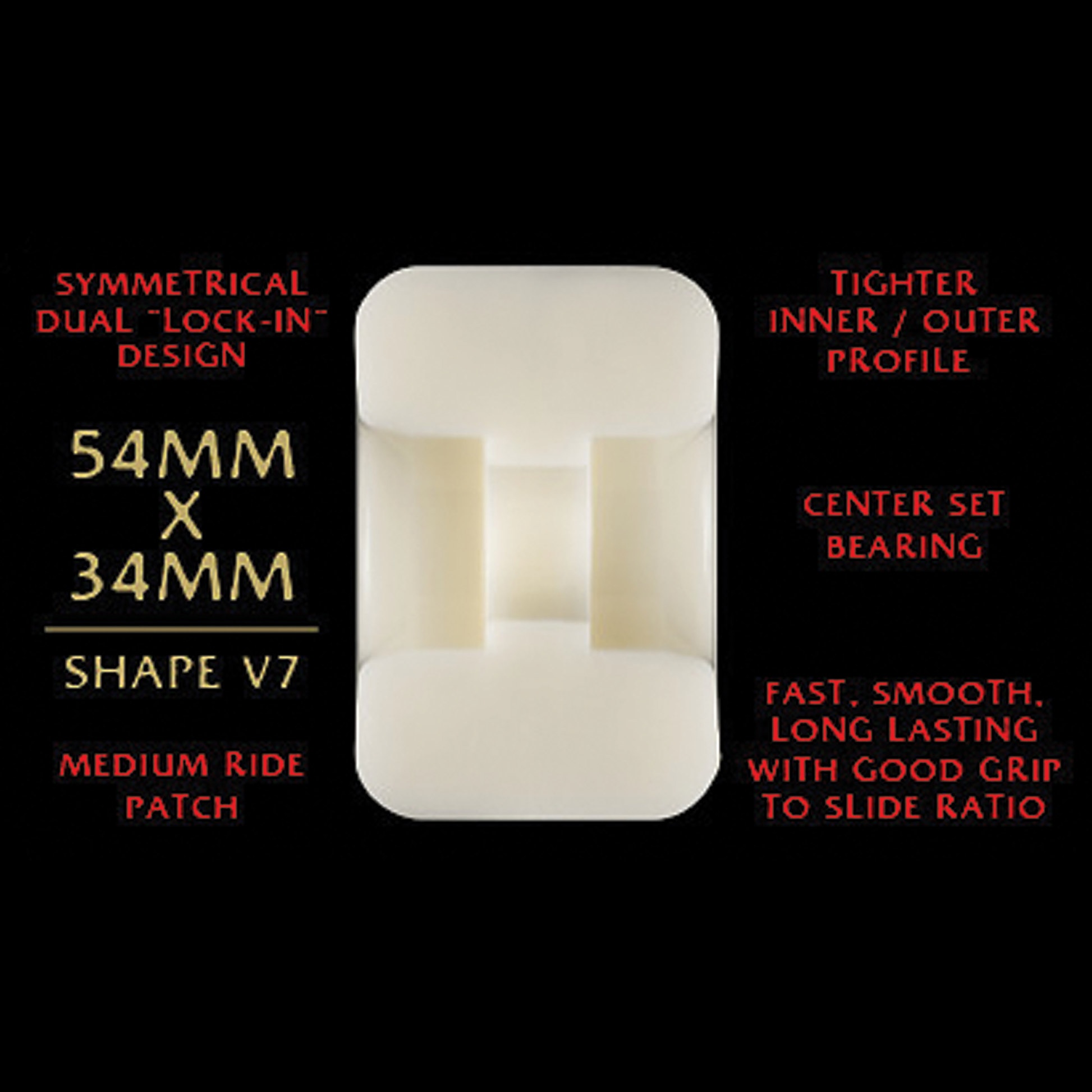 An off-white skateboard wheel with a dual-lock-in design, shown on a black background with red and gold text detailing its features and dimensions (54mm x 34mm).
