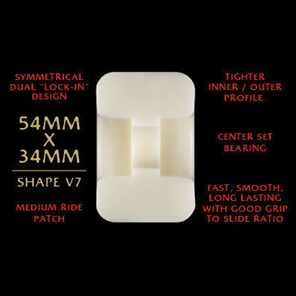 An off-white skateboard wheel with a dual-lock-in design, shown on a black background with red and gold text detailing its features and dimensions (54mm x 34mm).