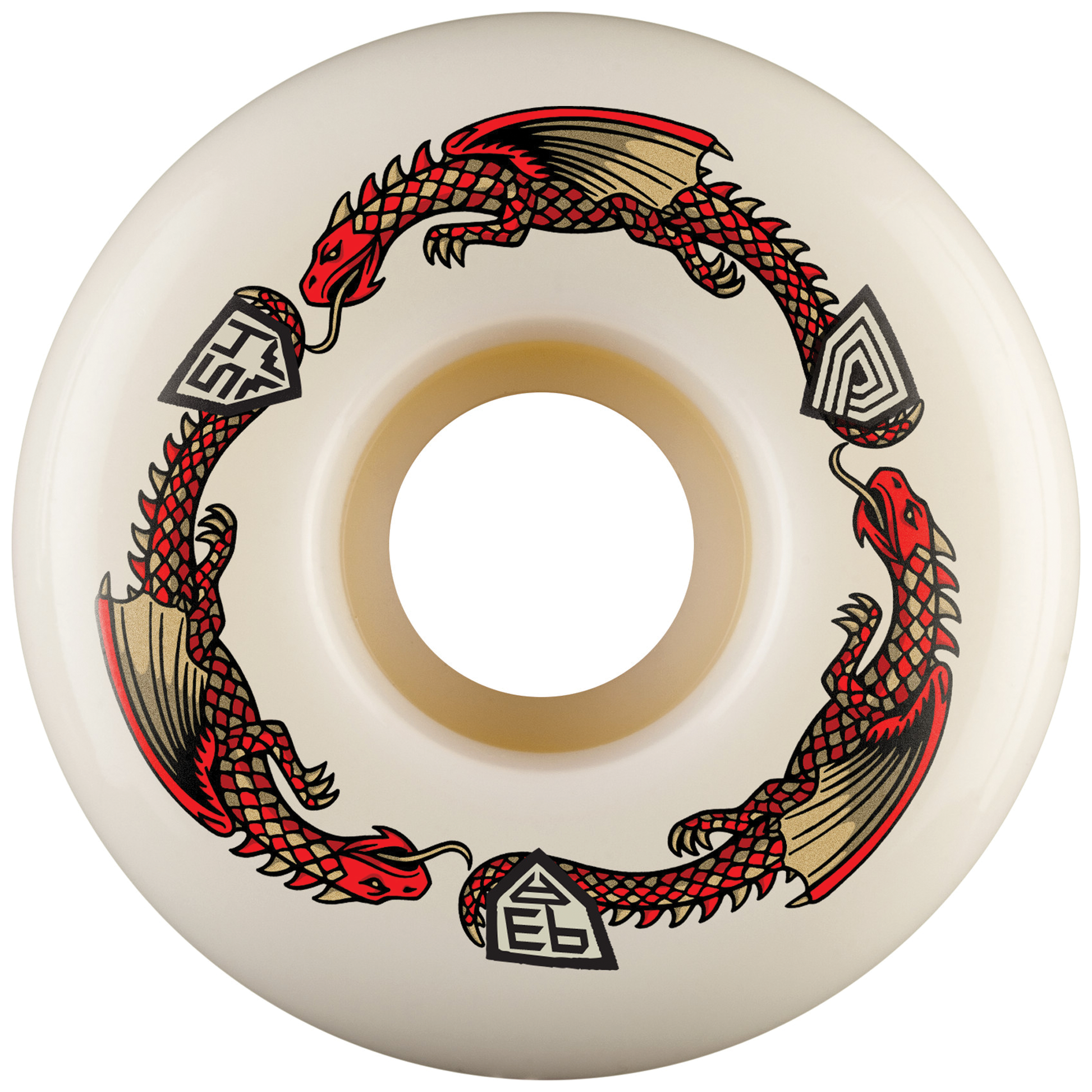An off-white skateboard wheel featuring a circular graphic of two red and tan dragons wrapped around the rim, with black geometric logo shields on either side with 54mm 93a