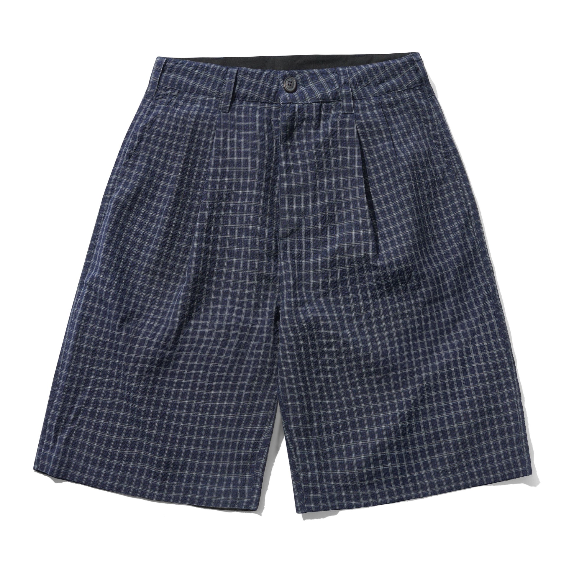 A pair of men's shorts featuring a navy blue and white checkered pattern, displayed flat against a white background.