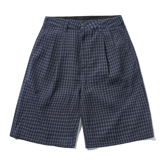 A pair of men's shorts featuring a navy blue and white checkered pattern, displayed flat against a white background.