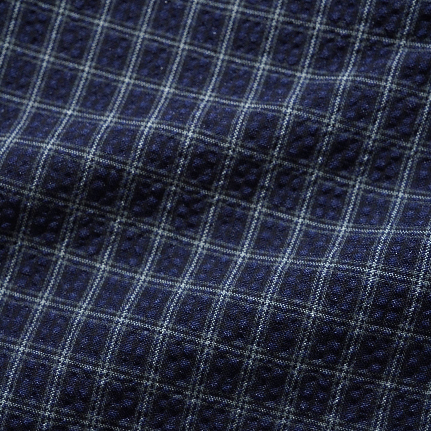 Close-up of a navy blue fabric with a white and light blue windowpane plaid pattern.