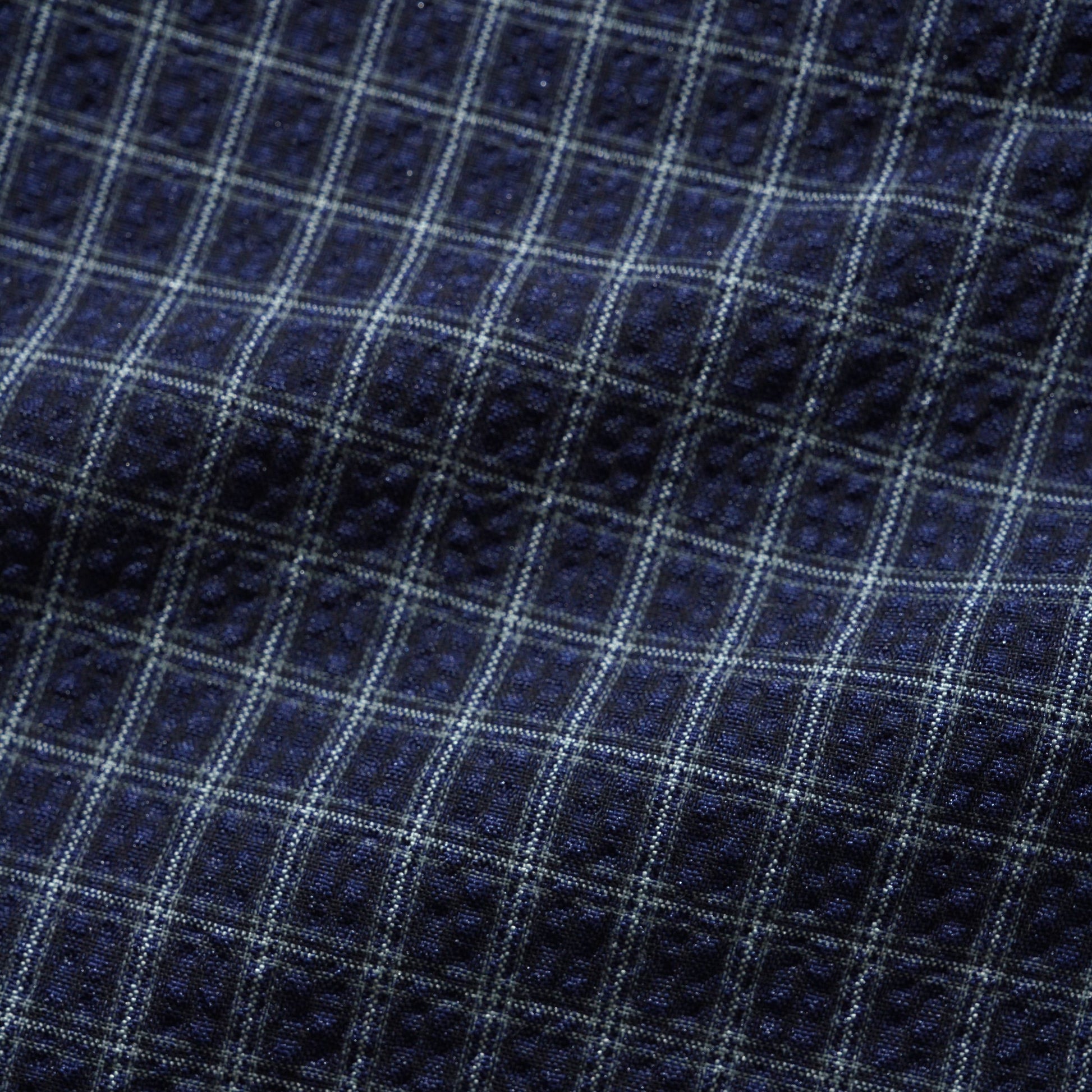 Close-up of a navy blue fabric with a white and light blue windowpane plaid pattern.