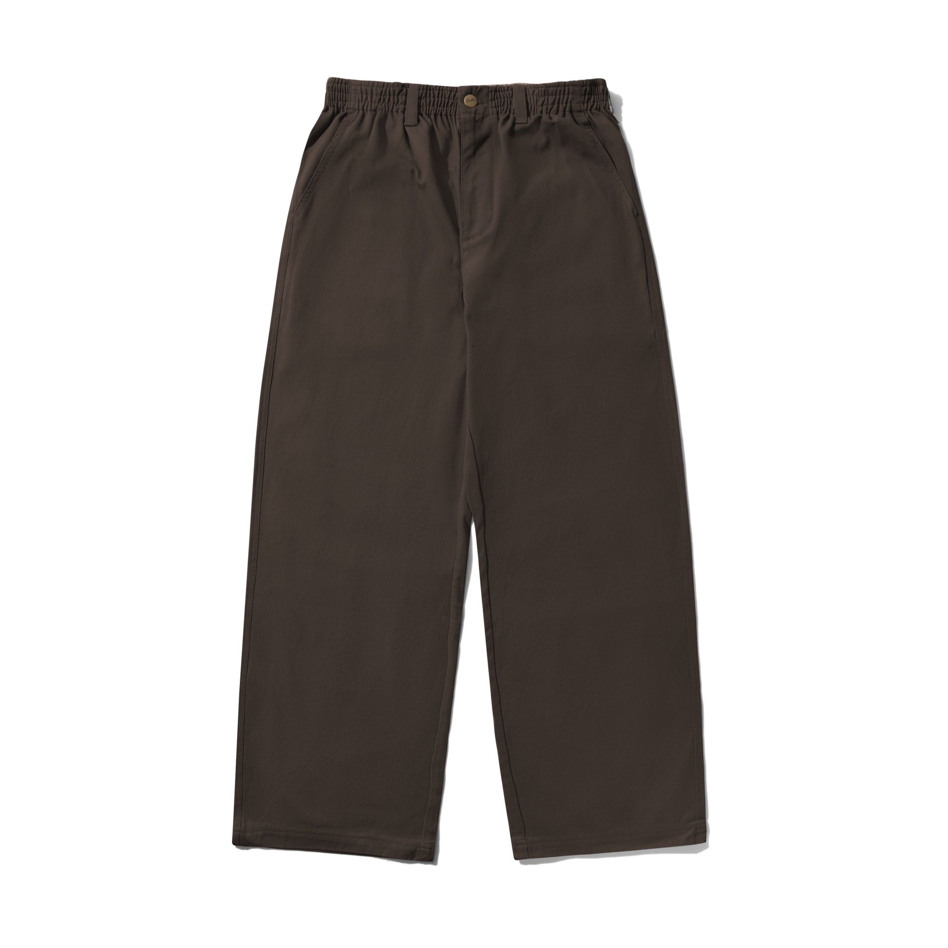 A pair of dark brown wide-leg pants with an elastic waistband and a single button closure, shown flat on a white background.