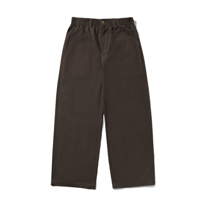 A pair of dark brown wide-leg pants with an elastic waistband and a single button closure, shown flat on a white background.