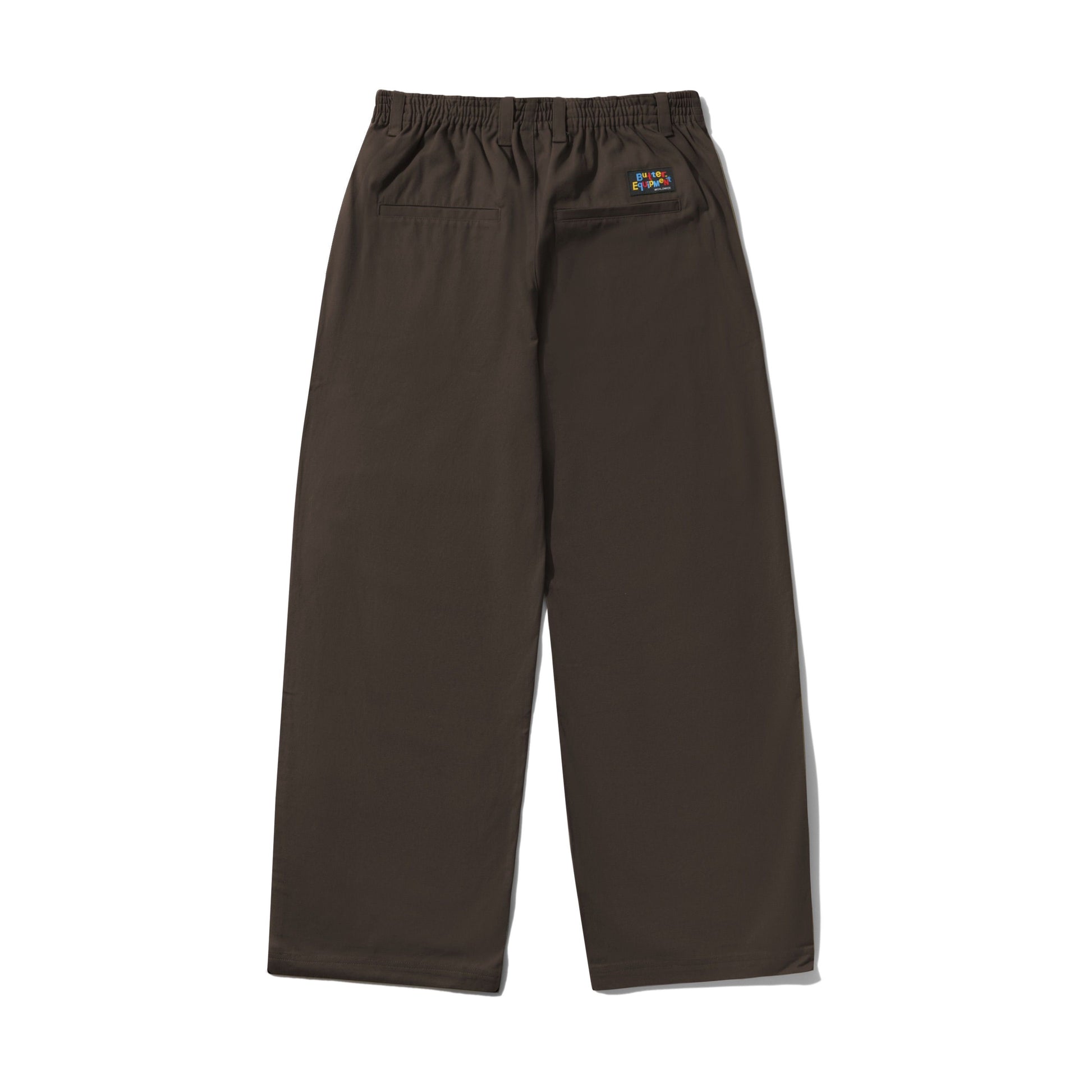 A pair of dark brown wide-leg work pants with an elastic waistband, shown from the back on a white background.