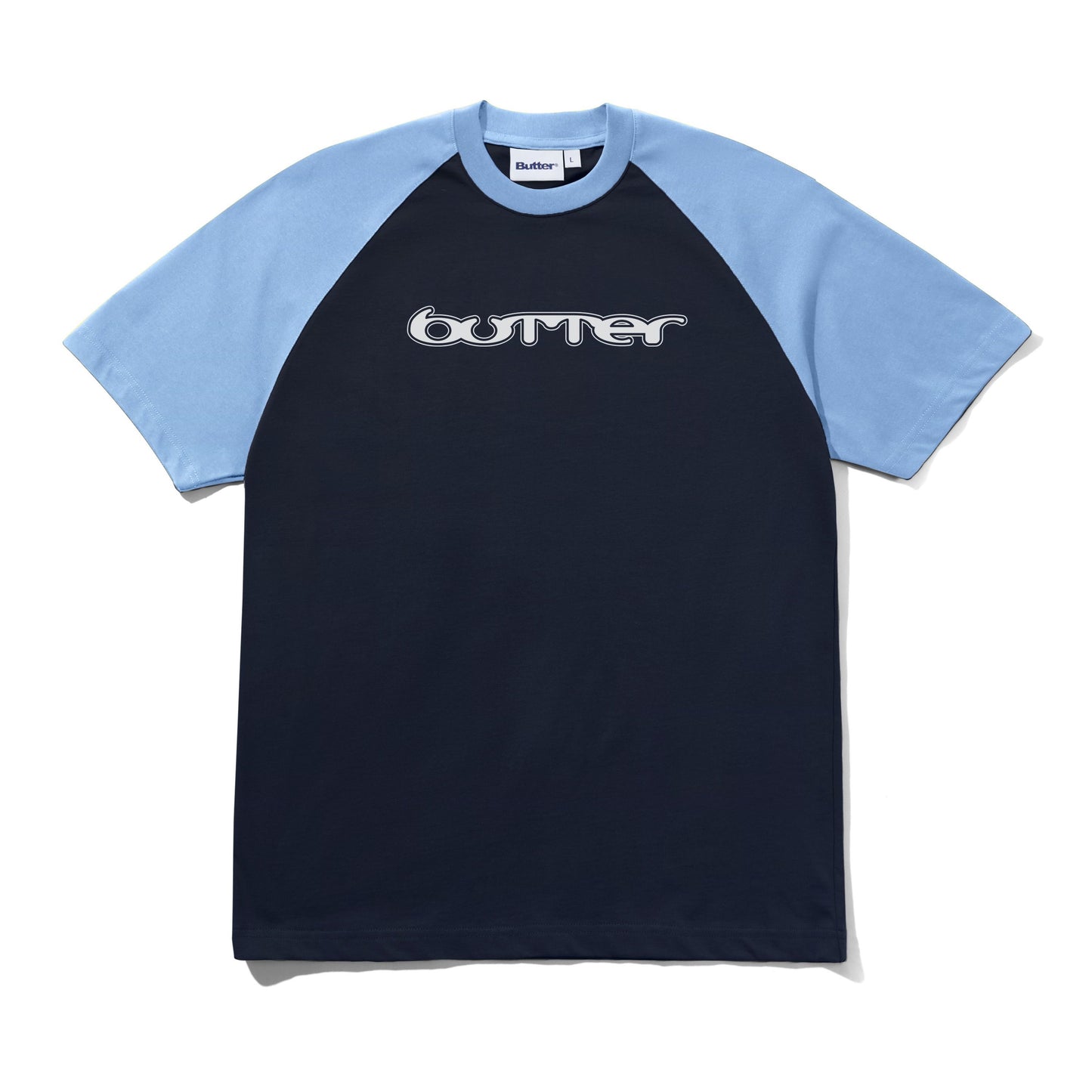 A short-sleeve raglan t-shirt with a dark navy blue body and light blue sleeves, featuring the word 'butter' printed in a stylized white font across the chest.