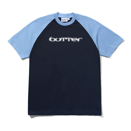 A short-sleeve raglan t-shirt with a dark navy blue body and light blue sleeves, featuring the word 'butter' printed in a stylized white font across the chest.