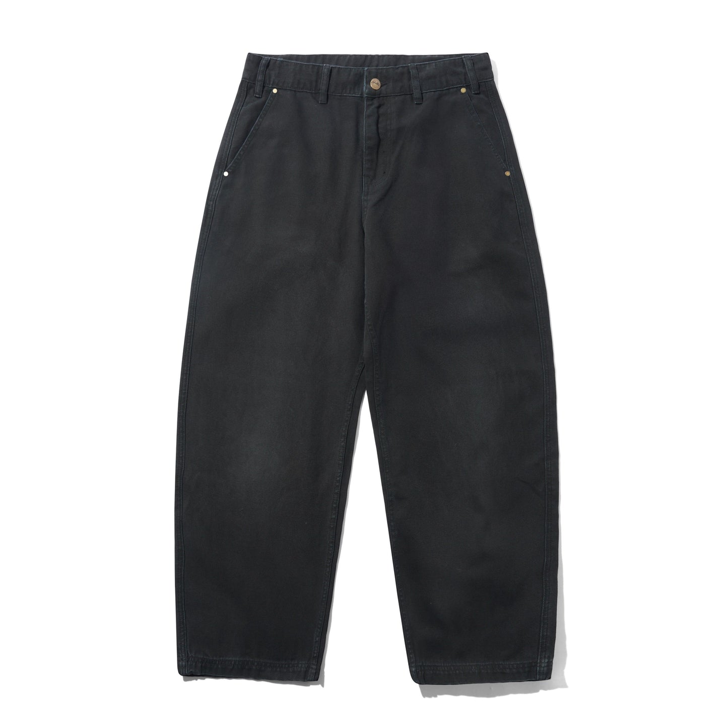 A pair of black wide-leg denim pants with a relaxed, straight-to-slightly-cuffed leg, featuring classic five-pocket styling and a button closure at the waistband, shown against a plain white background.