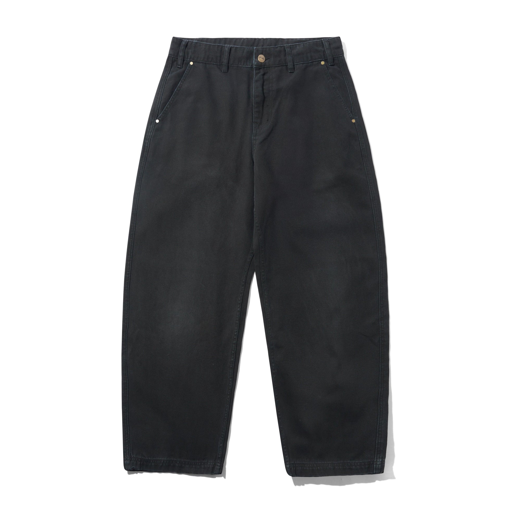 A pair of black wide-leg denim pants with a relaxed, straight-to-slightly-cuffed leg, featuring classic five-pocket styling and a button closure at the waistband, shown against a plain white background.