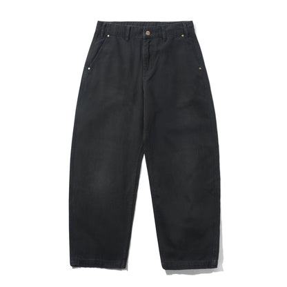 A pair of black wide-leg denim pants with a relaxed, straight-to-slightly-cuffed leg, featuring classic five-pocket styling and a button closure at the waistband, shown against a plain white background.