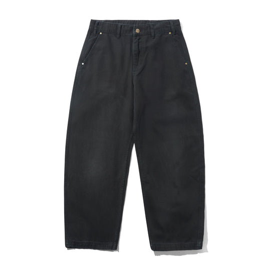 A pair of black wide-leg denim pants with a relaxed, straight-to-slightly-cuffed leg, featuring classic five-pocket styling and a button closure at the waistband, shown against a plain white background.