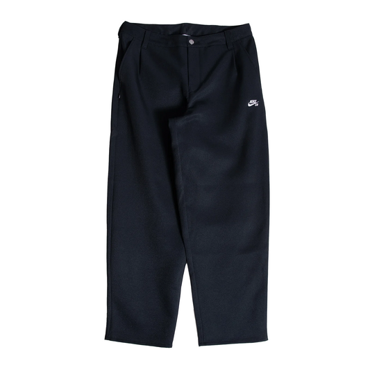A pair of black athletic pants with a small white Nike logo on the left thigh, displayed flat against a solid white background.