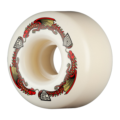 Skateboard wheel with dragon design on a white background embelishments marking 54mm and 94a